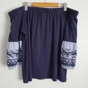Blue Off The Shoulder Embroidered Sleeve Top Size XL